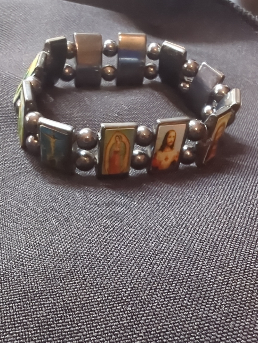 Religious Icon Stretch Bracelet - Black Beaded Hematite Jewelry